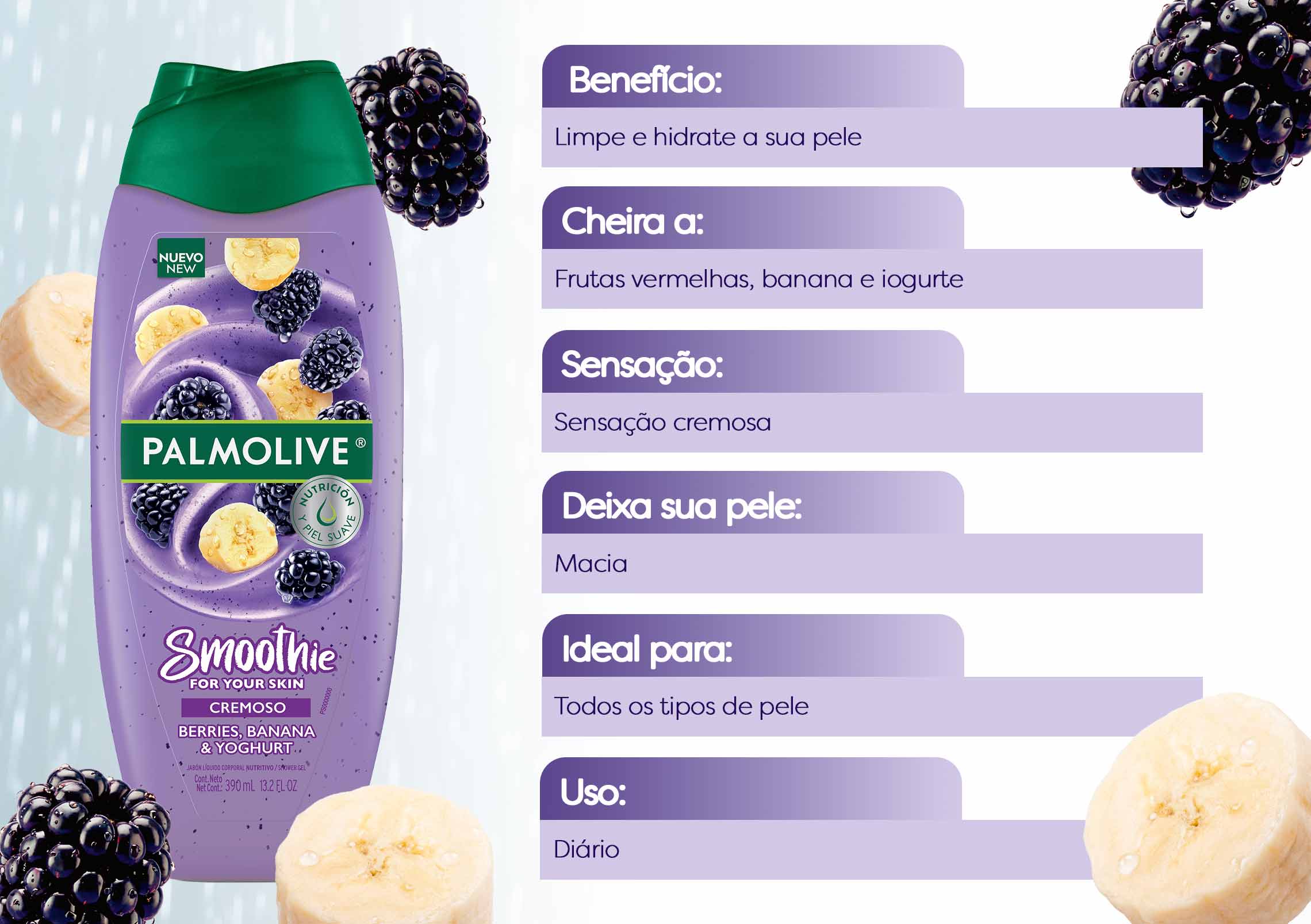 Tabela com benefícios do sabonete líquido Palmolive Smoothie Frutas Vermelhas, Banana e Iogurte. Limpa, hidrata e deixa a pele macia.